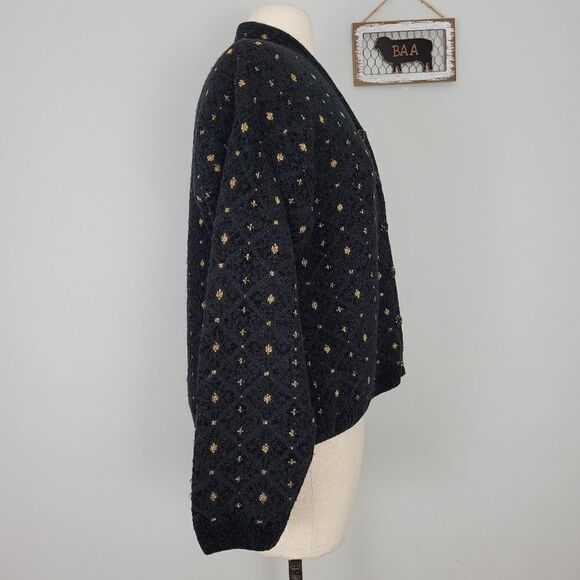 Vtg Express Tricot Wool Blend Sparkle Cardigan Sz M Soft Plush Black Gold Italy - Picture 2 of 8